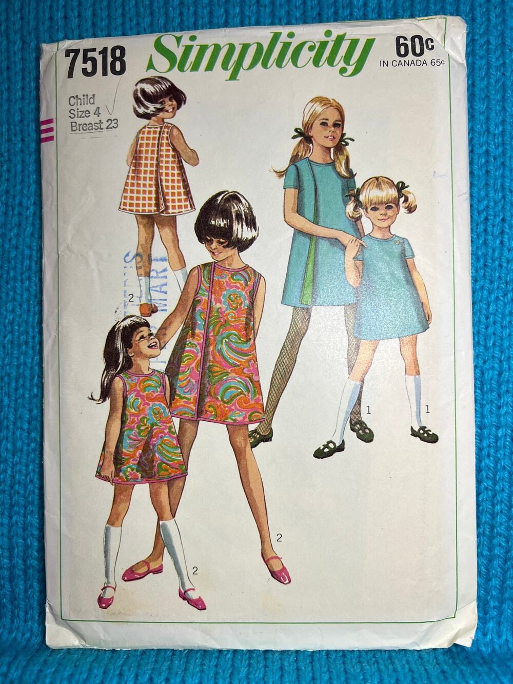 Simplicity 7518 Sewing pattern girls dress A line wrap 1960s size 4